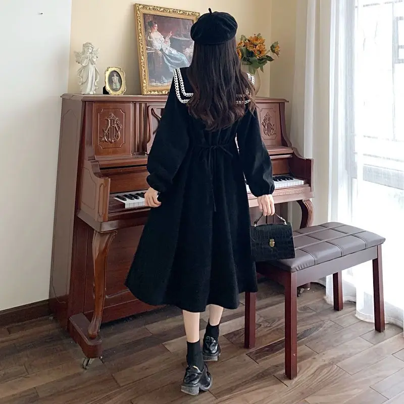 Woman Elegant Party Dresses Korean Vintage Corduroy Black Dress Long Sleeve Robe Clothes Japanese Peter Pan Collar Vestidos 2022