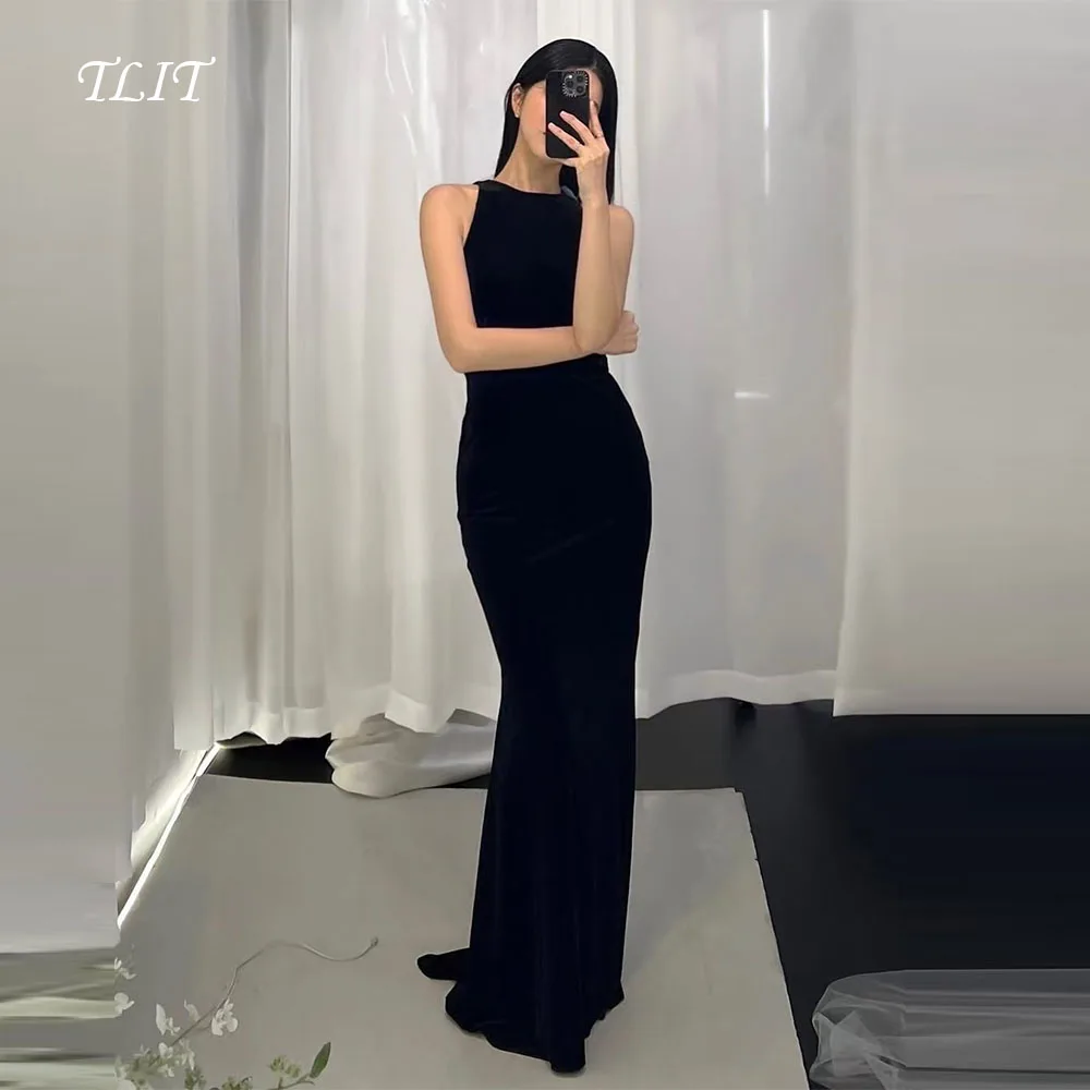 

TLIT Simple Black Sheath Mermaid Evening Dresses Customized Korea Wedding Dresses Photo Shoot O-Neck Sleeveless Dresses