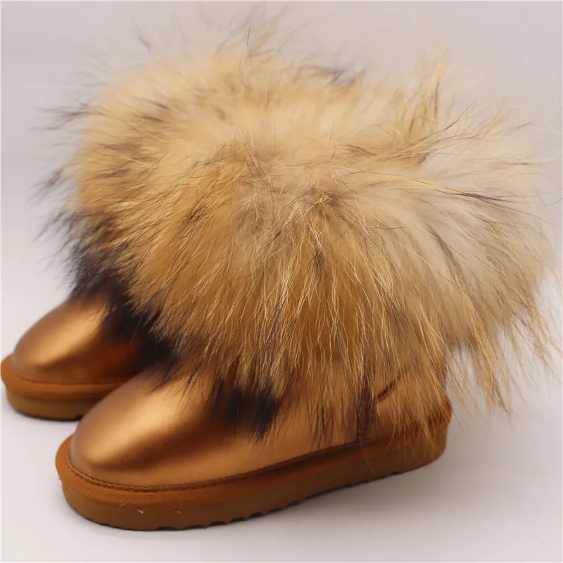 New 2023 Fox Fur Boots For Girls Boys Snow Boots Genuine Leather Winter Warm Children\'s Shoes Plush Fur Botas Kids Zapatos