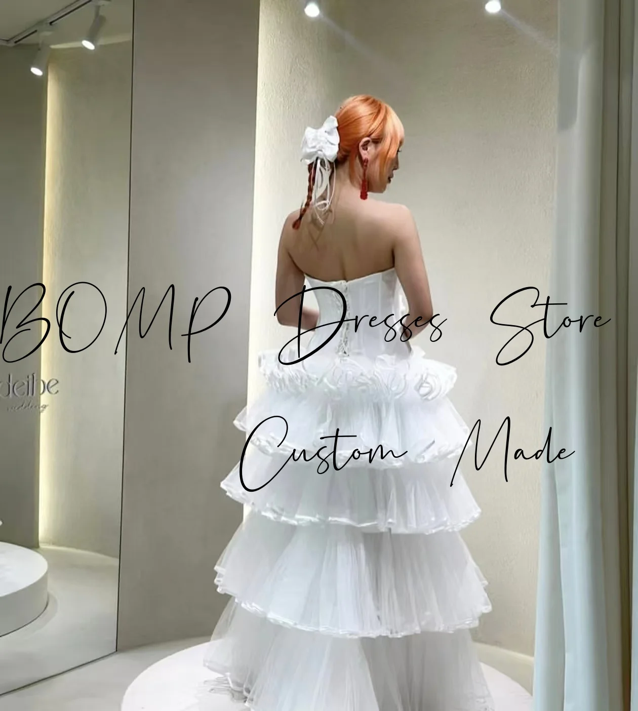 

BOMP Elegant White Wedding Party Dress Strapless Multi-layered Corset Organza Korea Photo Shoot Bridal Reception Gown Custom