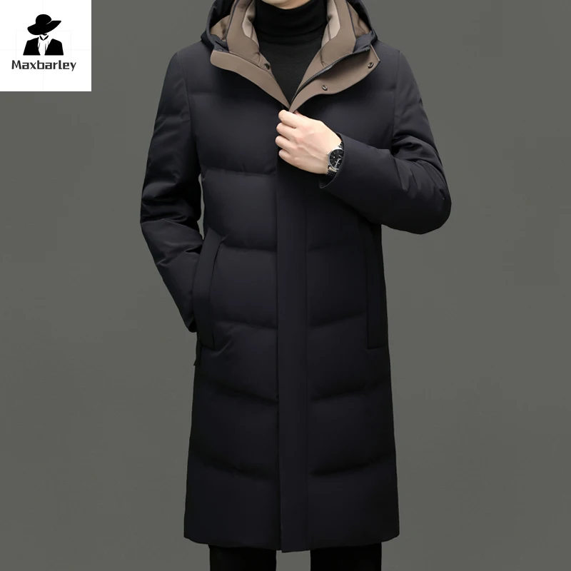 Winter Warm Down Jacket Men's Business Casual Long Hooded White Duck Down Warm Coat Brand Clothing Male Lightweight Down Jacket