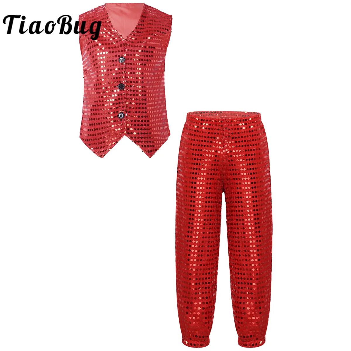 Kids Shiny Sequins Hip Hop Dance Clothes Girls Boys Button Down Vest with Pants Set Modern Jazz Shelf Drum Performance Outfits