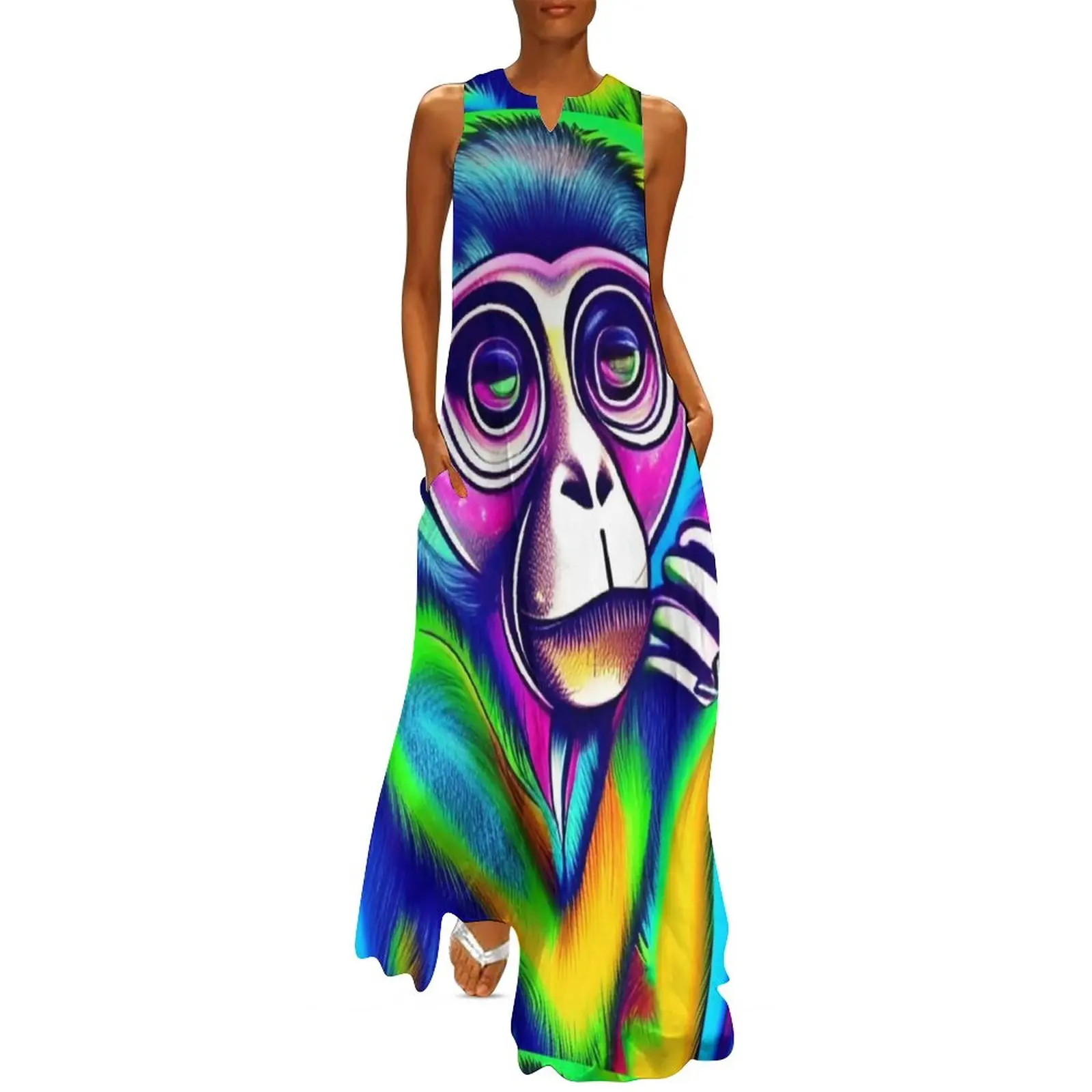 Funny Monkey Dress Summer Cute Animal Print Street Style Boho Beach Long Dresses Female Custom Kawaii Maxi Dress Big Size 5XL