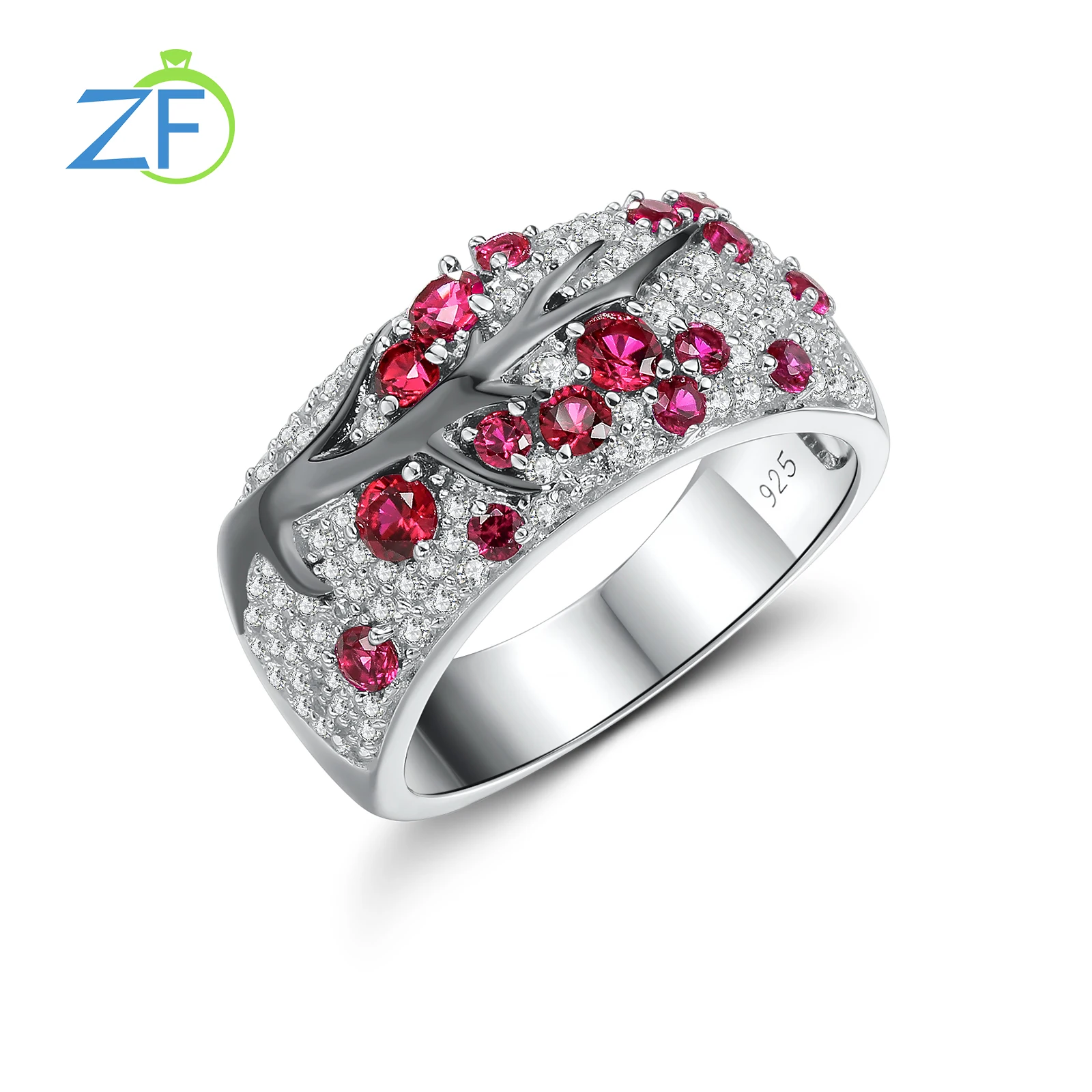 

GZ ZONGFA Tree of Life Ring 925 Sterling Silver Lab Created Ruby Cocktail Party Ring Fine Jewelry Engagement Rings for Women