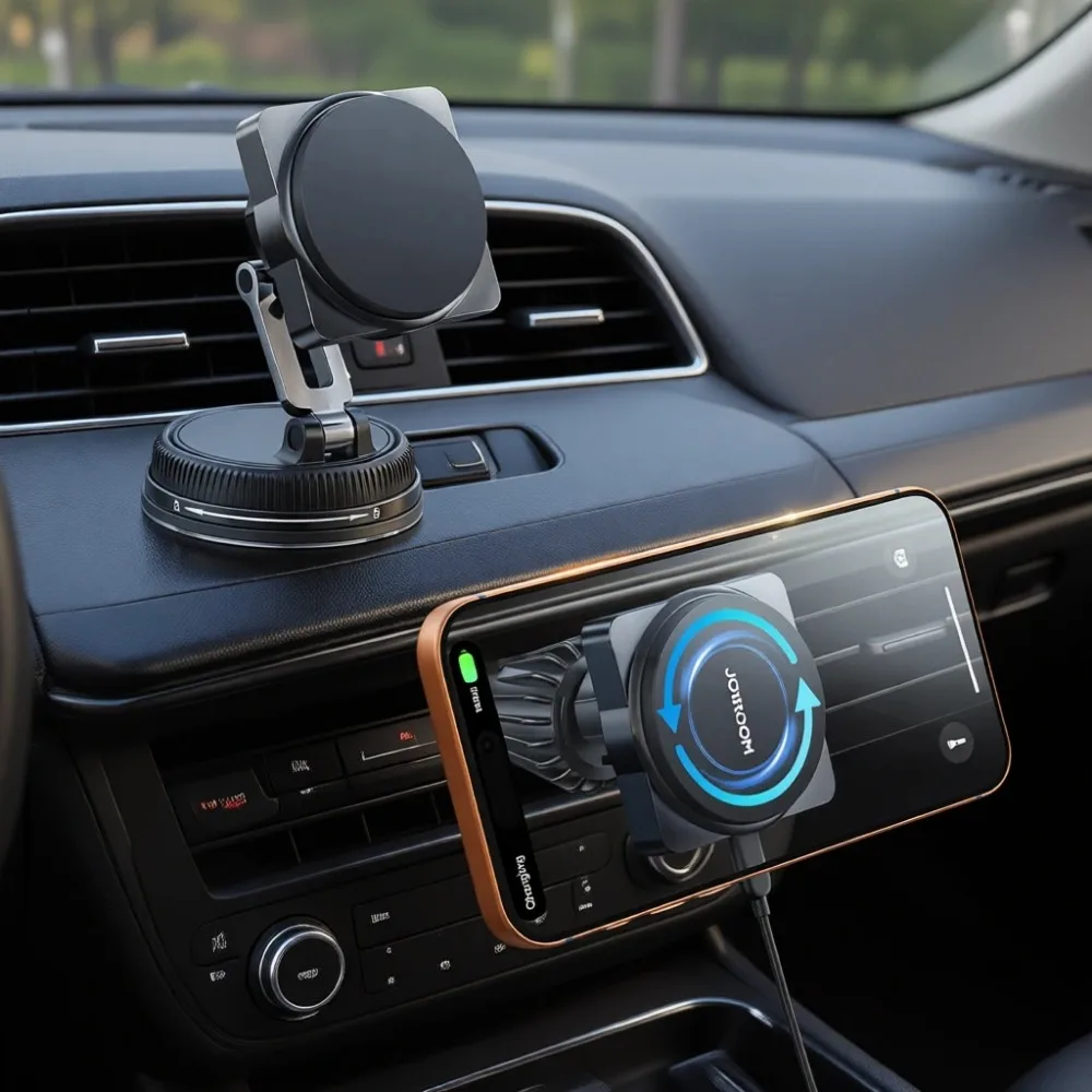 

Автомобильное зарядное устройство MagSafe 15W с сенсорным управлением, вращением на 360°, креплением на приборную панель или воздуховод для iPhone, черное