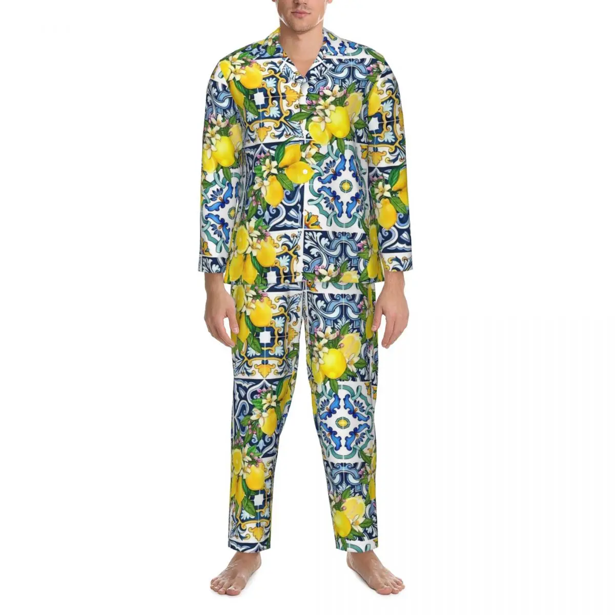 Vintage Sicilian Tiles With Citrus Lemon Pajamas Set Spring Comfortable Sleep Sleepwear Men Two Piece Casual Oversize Nightwear