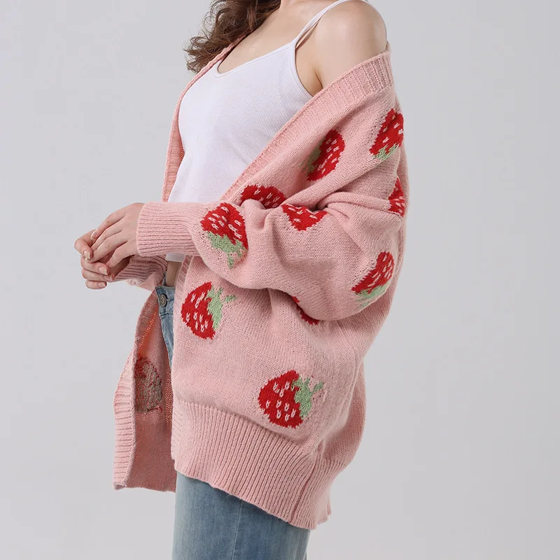 Cardigan for Women Autumn Winter Cozy New Casual Strawberry Pattern All-match Knitted Sweaters Sweet Cute Girls Korean Fashion