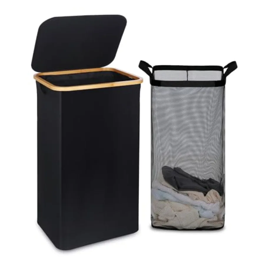 

Laundry Basket with Lid and Removable Bag 100L Tall Laundry Hamper with Bamboo Handles Aesthetic Dirty Clothes Bin for Laundry
