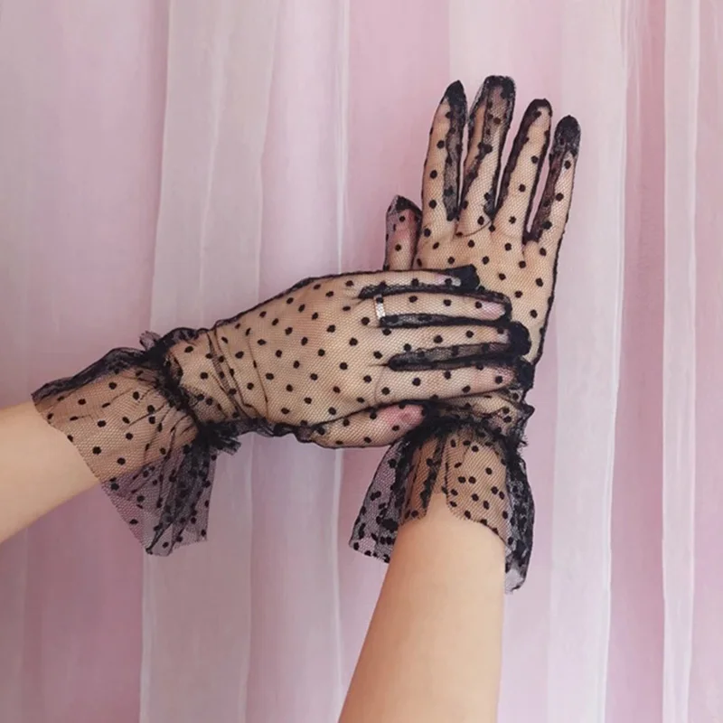 1Pair Short Tulle Gloves Lace Spots Ruffle Mesh Sheers Gloves Female Stretchy Full Finger Mittens for Bride Wedding Accessories