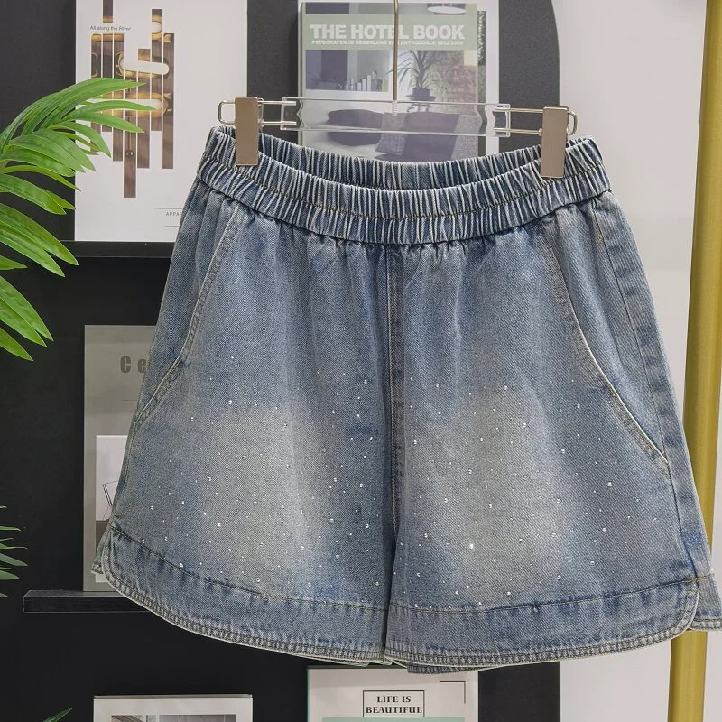 

Rhinestone & Sparkling Star Denim Shorts Loose Wide Leg A-Line Hot Pants New Summer 2026 Women's Casual Elastic Waistband Shorts