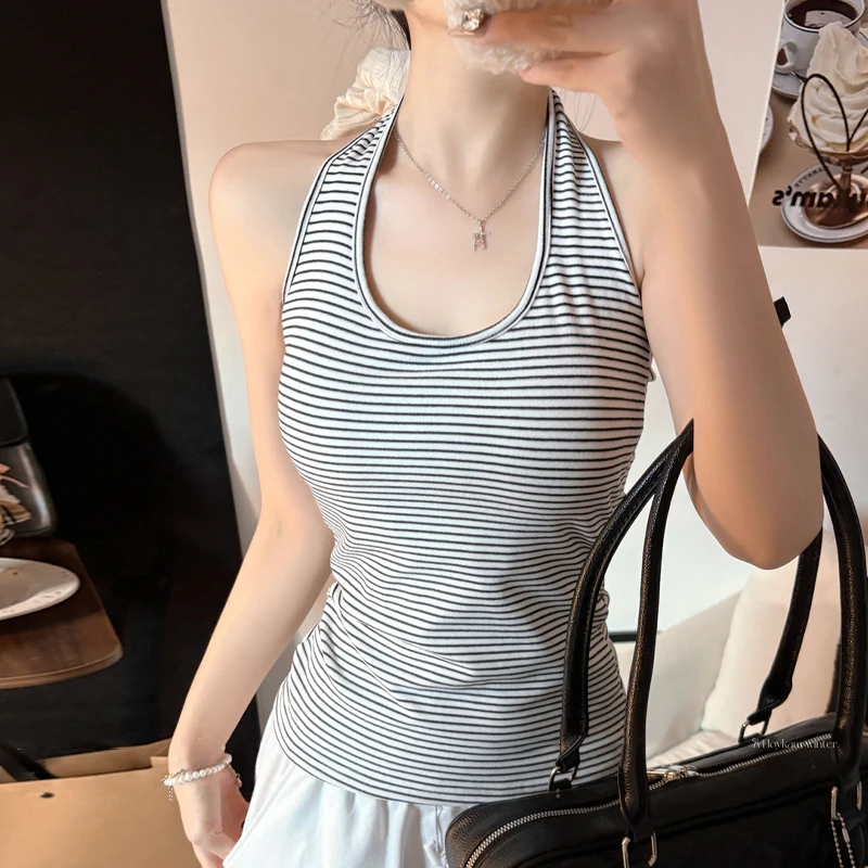 

1pcs Women Top Retro Striped Halter Versatile Slim Vest With Chest Pad Women Sleeveless Top