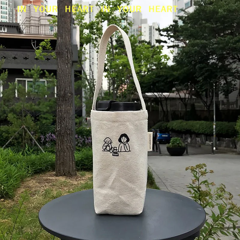 【X】Portable Tote Bag Water Cup Bottle Holder Coffee Milk Tea Canvas Bag Eco Mini Storage Small Handbag Red Wine Bag