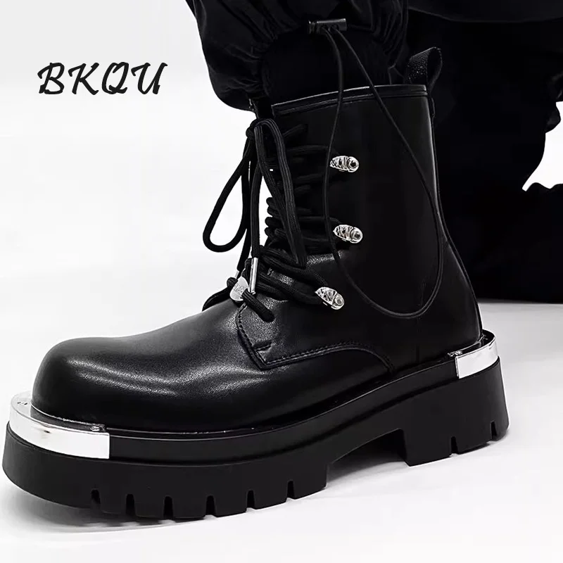 BKQU 2024 New Big Head Platform Boots for Men in The United Kingdom Increase Tooling High-top Motorcycle Derby Shoes Punk