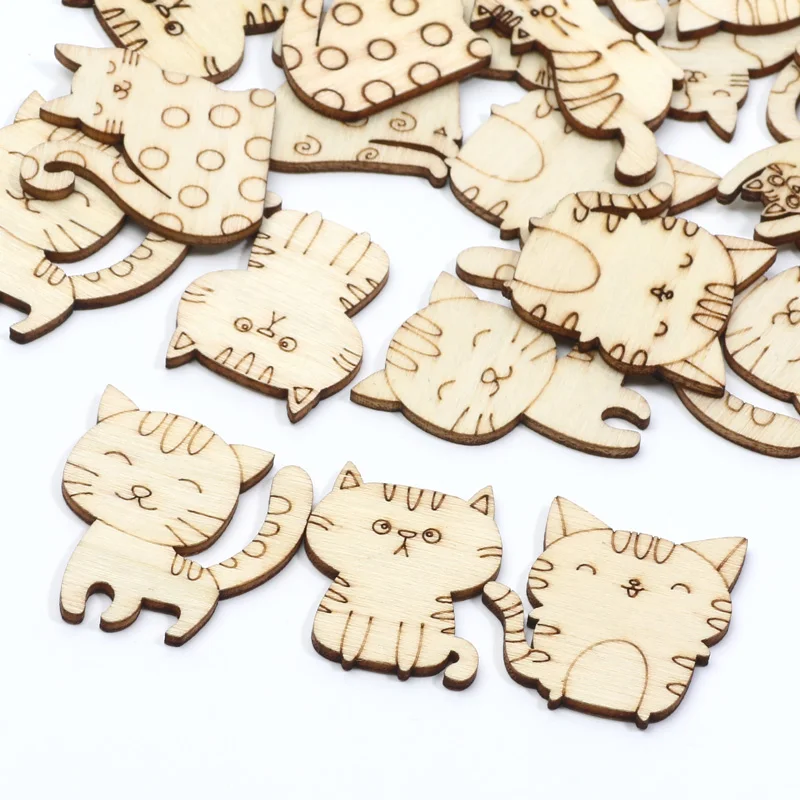 20pcs Mixed Cat Animal Wooden Ornaments Accessories Wedding Handmade Supplies Wood DIY Craft Scrapbooking Home Decor 16-41mm