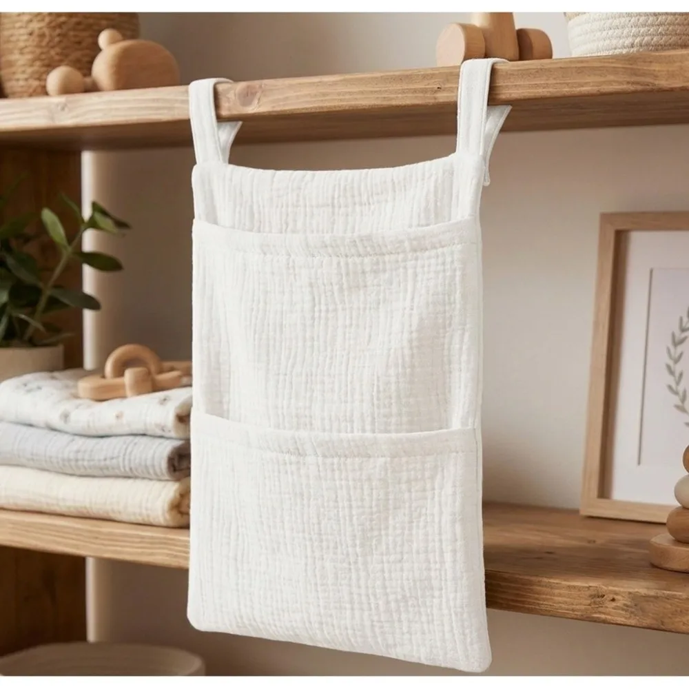Pure Cotton Baby Crib Hanging Bag Large Capacity Solid Color Stroller Storage Bag Multifunctional 2 Pockets Diapers Organizer
