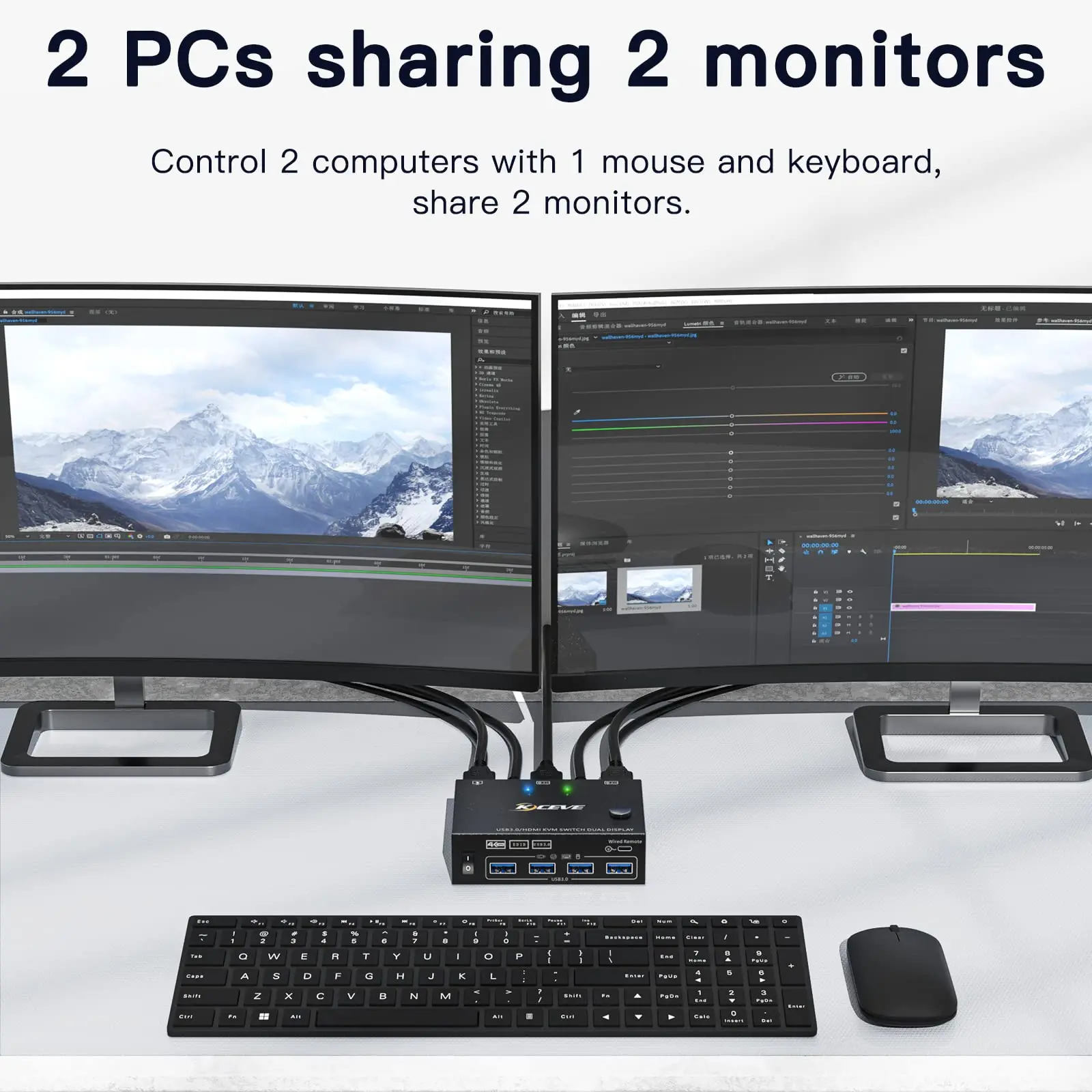 KCEVE-USB 3.0 KVM Switch, HDMI Dual Monitor EDID, Switcher de exibição estendido para 2 computadores, 2 monitores e 4 portas USB 3.0