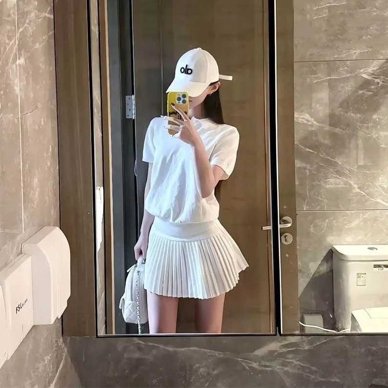 

Casual Tennis Skirt Set Short Sleeve Neck High Waist Pleated Summer White Korean Style Fashionable Women's Two-Piece Suit