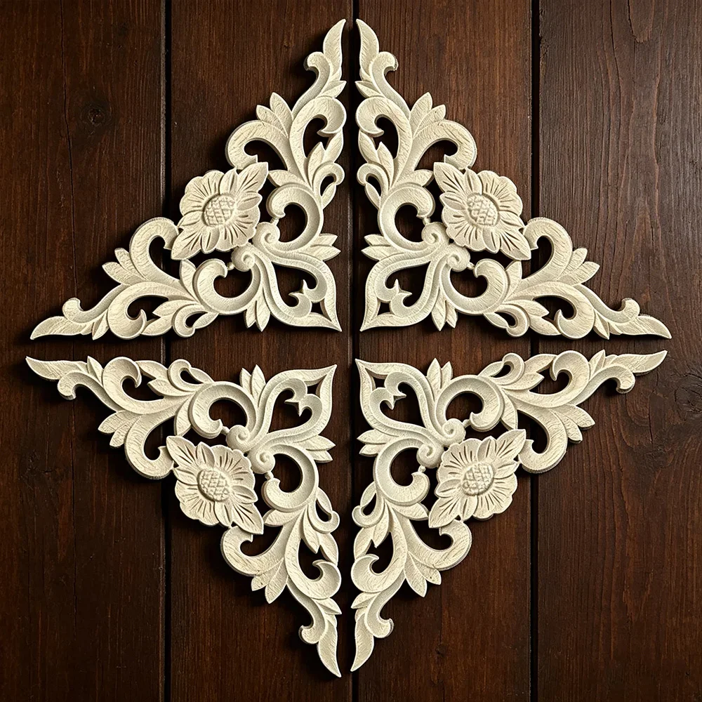 4PCS Exquisite Classic Rubber Wood Carved Applique Vintage Furniture Craft Decor Home Decoration Accessories Miniature Figurine