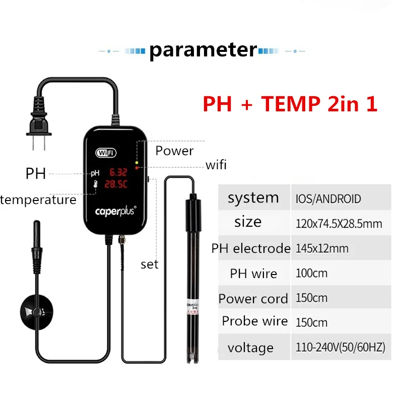 110-240V Caperplus Aquarium Q1 Q2 PH Temperature TDS 3 In 1 Intelligence Monitor Detector WIFI APP PH Digital Monitor Fish Tanks