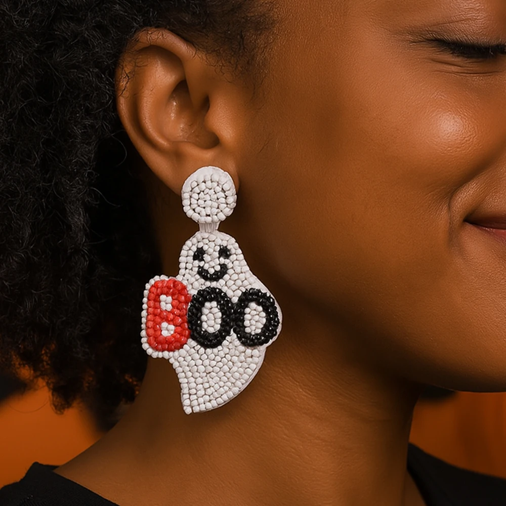 

1 Pair BOO Ghost Beaded Earrings Halloween Handmade Drop Dangle Jewelry Seed Beads Funny Costume for Women Girls Party