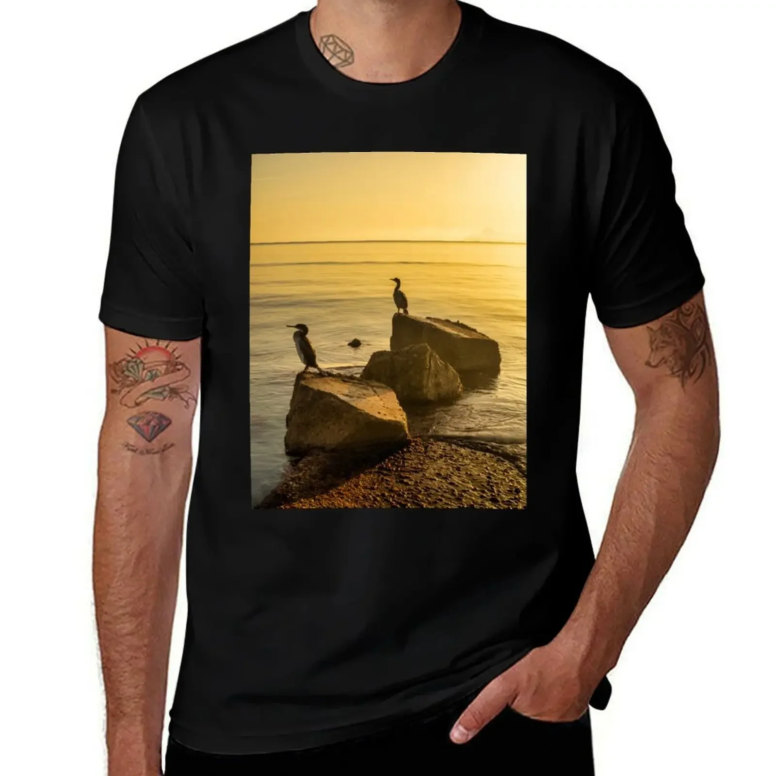 

Two Cormorants Silhouetted on Coastal Boulders at Golden Sunrise T-Shirt plus sizes heavyweights funny shirt cotton men clothes