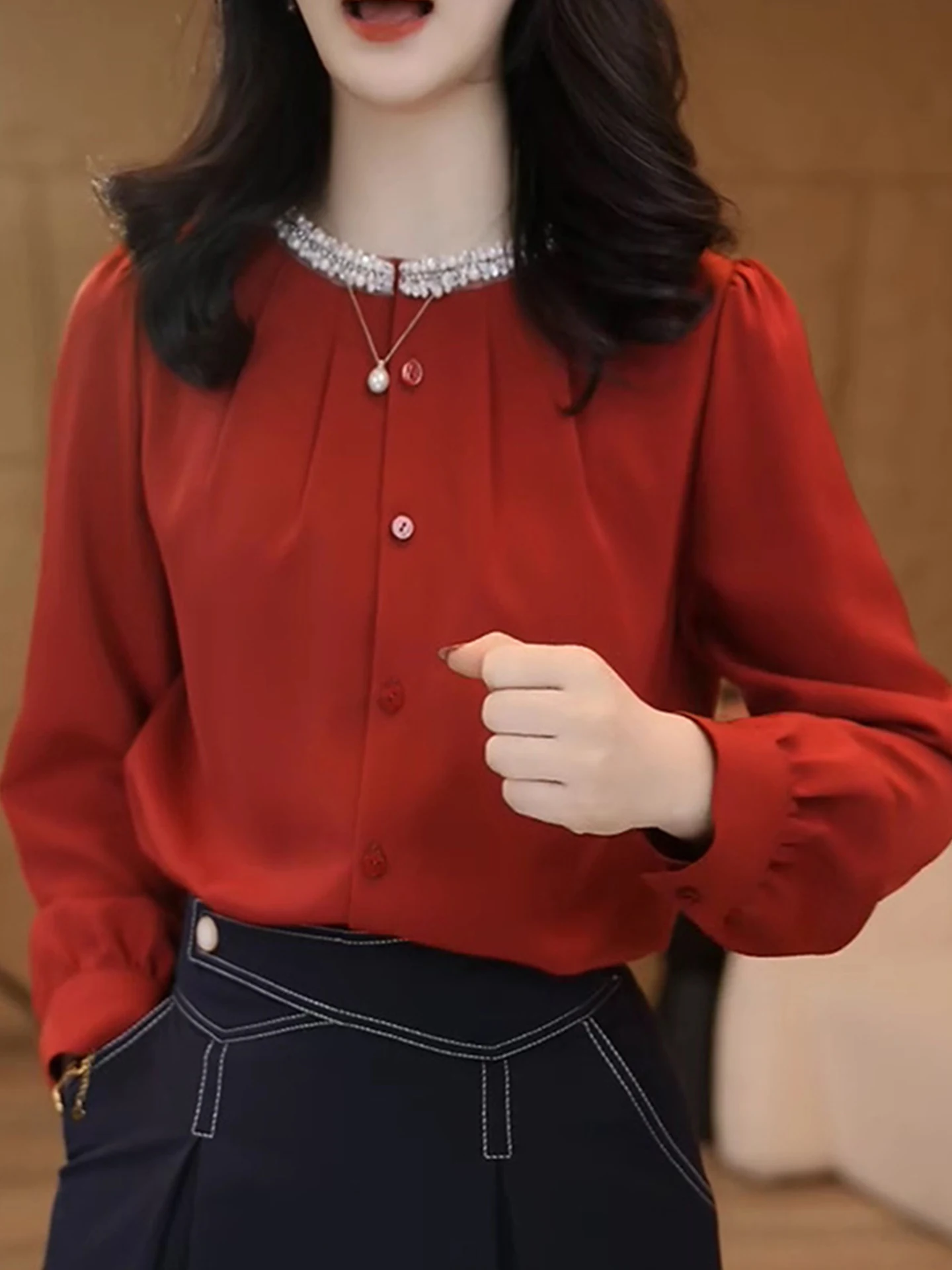 خريف Faion فريد من نوعه مستدير Ne Long Sve للنساء irt كاجوال Sle للتنحيف ودية للتنحيف مادة حريرية مريحة #3