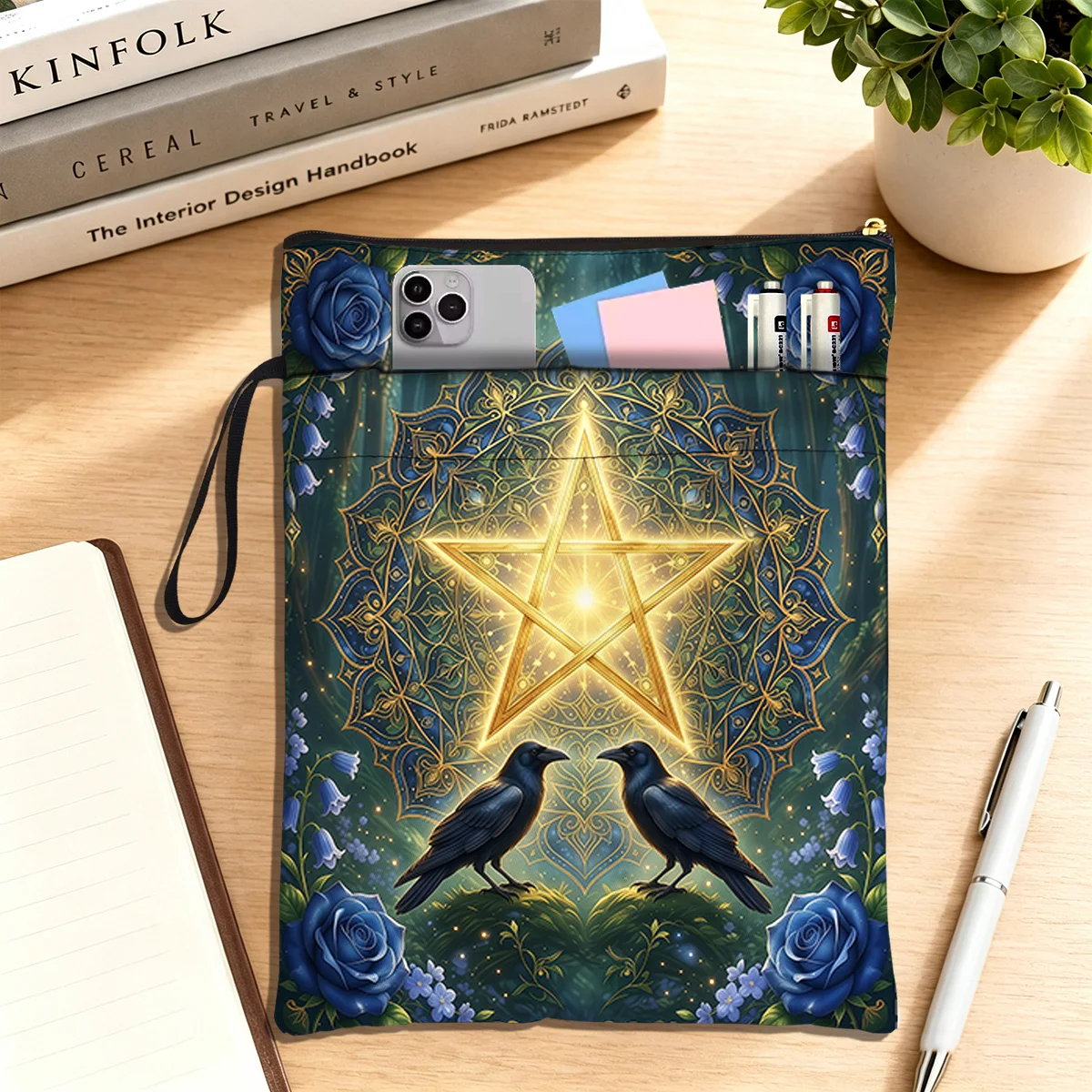 Pentagram Tarot Book Sleeve Blue Rose & Crows Book Pouch Large Capacity Dust‑Proof Book Protector Portable Forest Handbag