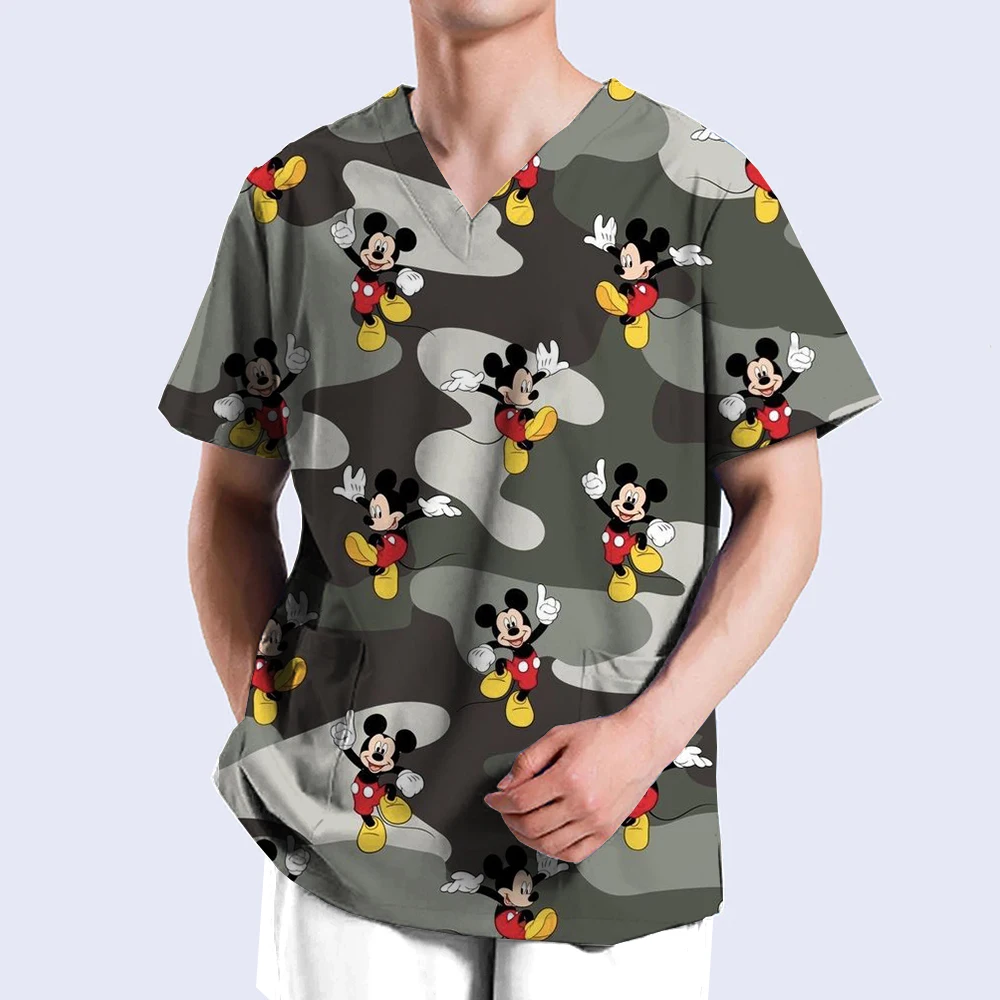 Disney-men's Minnie Mickey Print Nursing Scrubs T-Shirt, Casual Tops, Short Sleeve, V-neck Pocket, Women Uniform Neutral