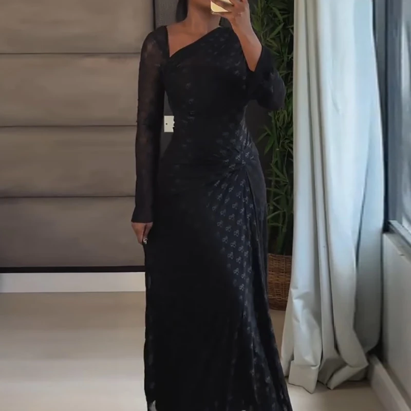 Vestido de manga larga con cuello Diagonal para mujer, vestido largo plisado ajustado con estampado de lazo y cintura alta para ir al trabajo, primavera