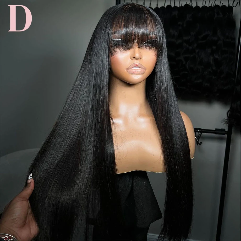 Straight Full Machine Made Bang Wigs Human Hair For Women  30 inch 3x1 T Part Lace Realistic Look Fake Scalp Brazilian