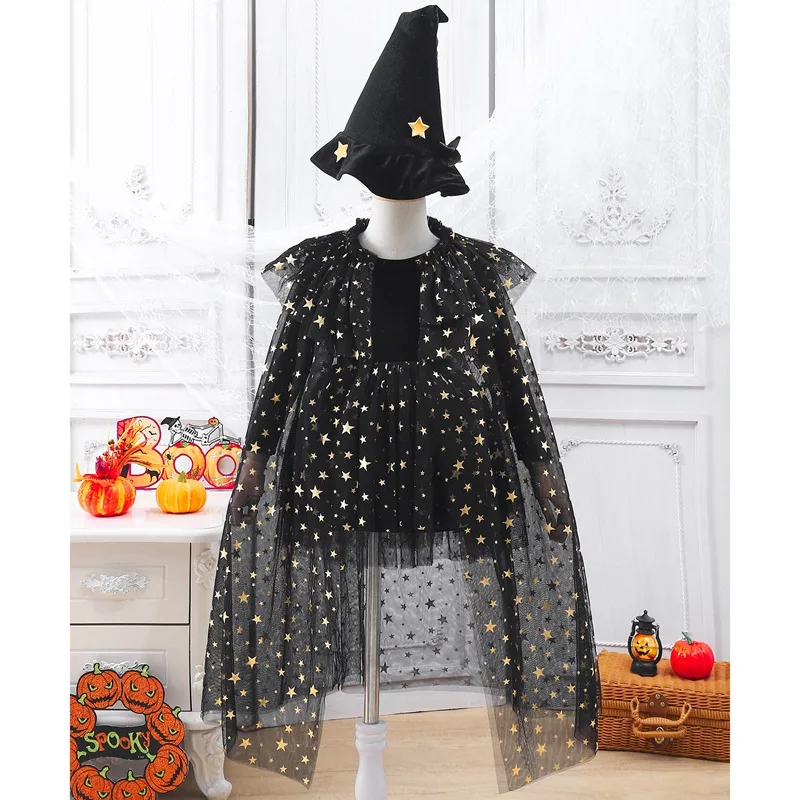 Halloween Children's Performance Costume Star Print Puffy Tutu Dresses Velvet Dress Kids Party Mesh Cloak
