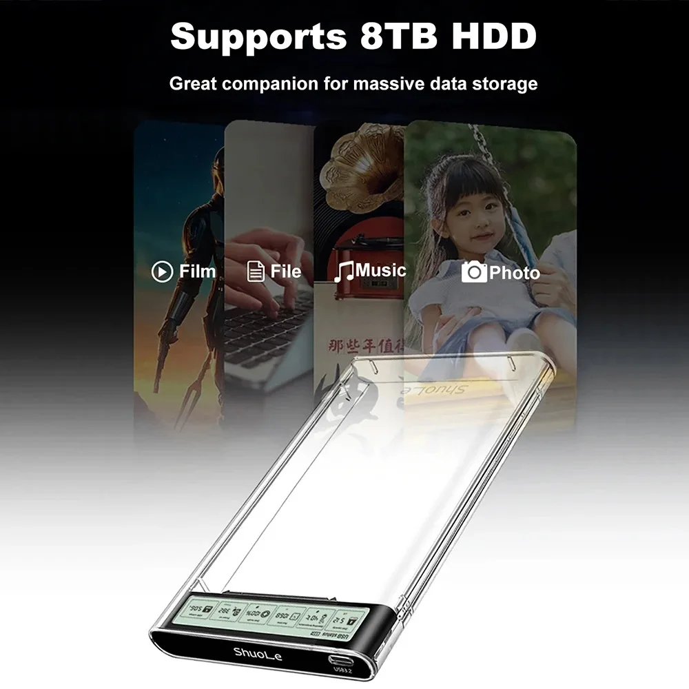 Obudowa na dysk twardy HDD SSD 2.5'' Smart Display, zewnętrzna obudowa na dysk USB3.2 Gen2, przezroczysta przenośna obudowa do przechowywania dla laptopa PC