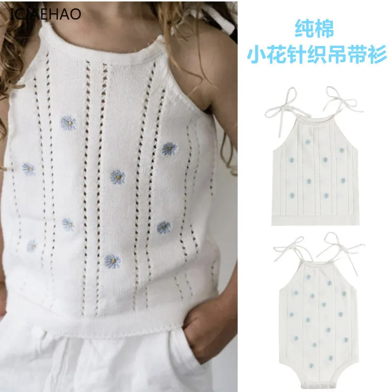 Summer New Girls Knit Vest Fresh Floral Embroidered Strappy Top Pure Cotton Soft Mesh Bodysuit Cute Baby Clothes for Infant Girl