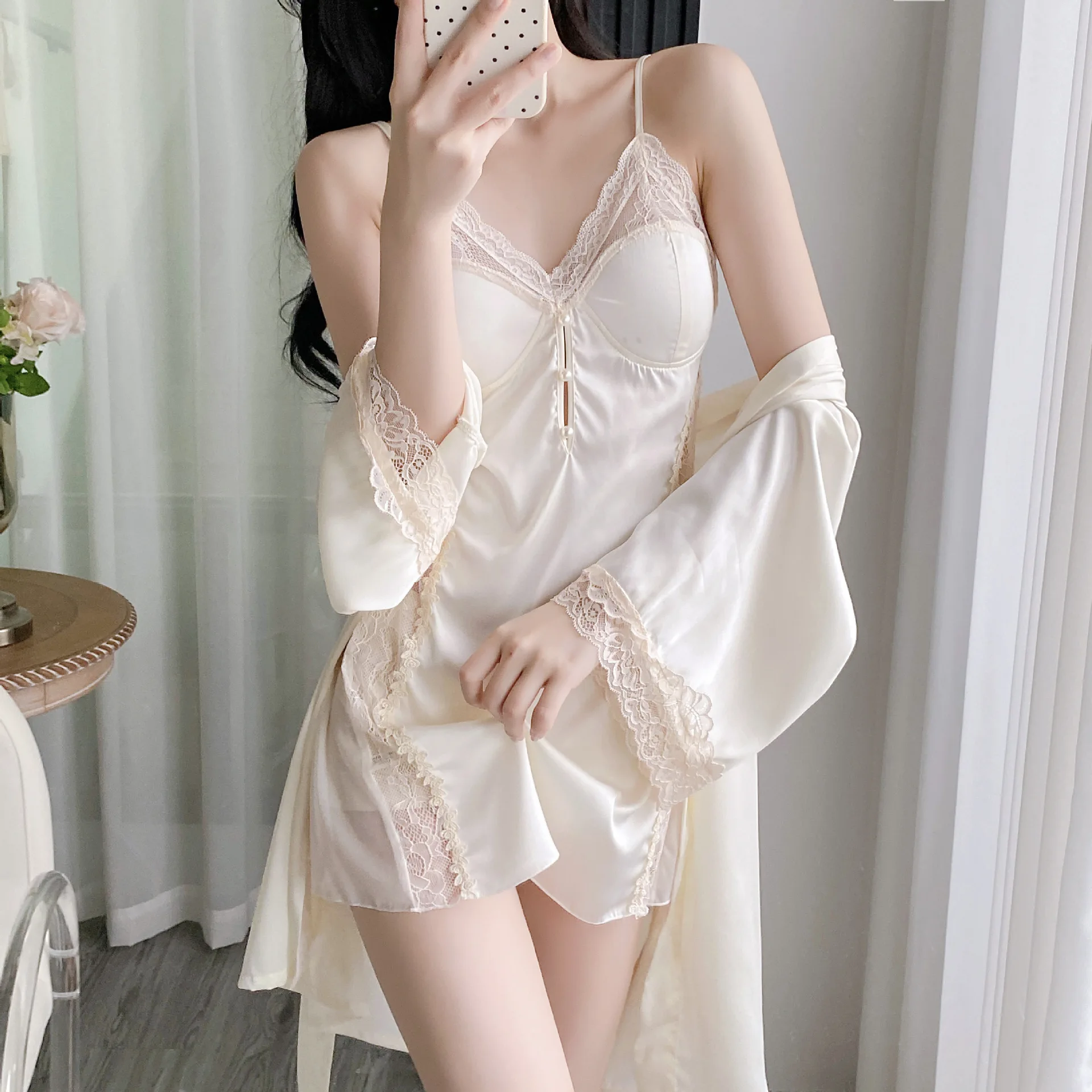 

Female Nighty&Robe Set Lingerie Sexy Lace Trim Nightgown Sleepwear Spring Summer Kimono Gown Bathrobe Loose Homewear Pajama