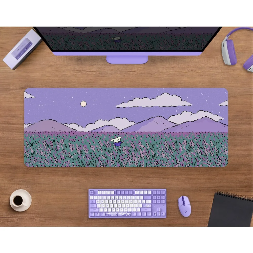 Kawaii desk mat cute mousepad anime, Kawai lavender landscape japan deskmat matt, green purple blue gaming keyboard mouse pad