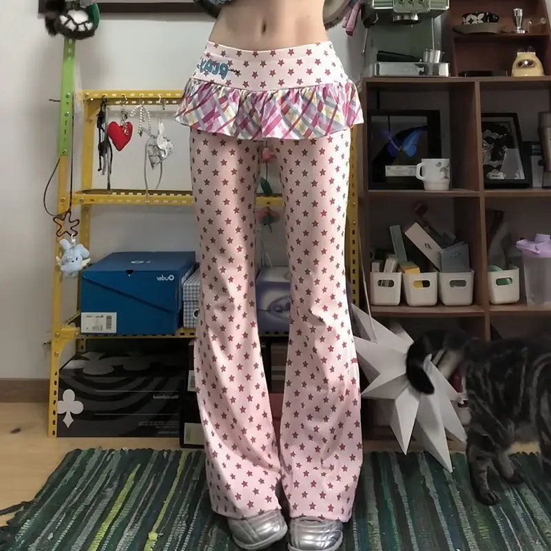 College Style Cute Plaid Fake Two-piece Micro-pull Pants Women's 2026 Spring and Summer Thin Spice Girl Slim Culottes
