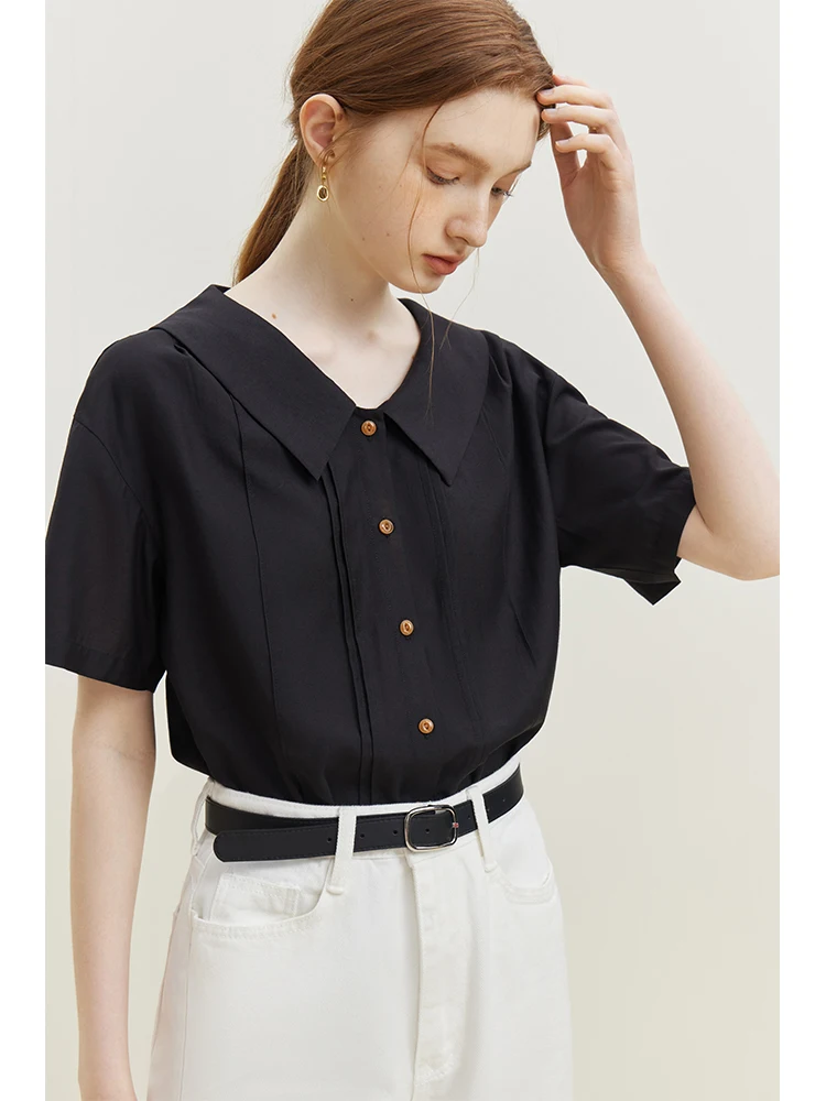FSLE Simple Retro Short-sleeved V-neck Shirt for Women Summer 2023 Chic Loose Casual Office Lady Lapel Top Shirt Female