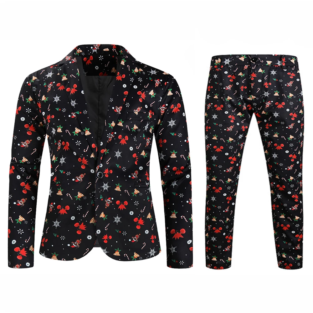 Men's Christmas Suit 2 Piece One Button Jackets Pants Casual Business Male Blazer Ugly Funny Xmas Snowman Printed Sets