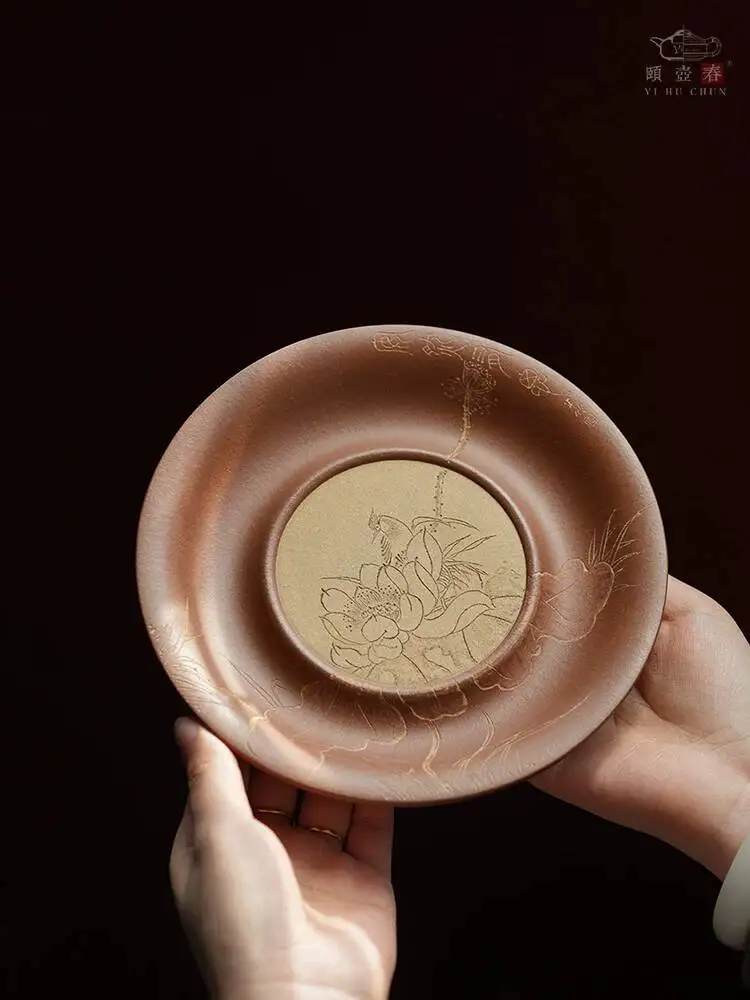 Yi Hut Spring High-End Purple Clay Stand, Purely Hand-Carved Platform, Two-Tone Teapot Mat, Coaster, Safe Dry Brewing Tray