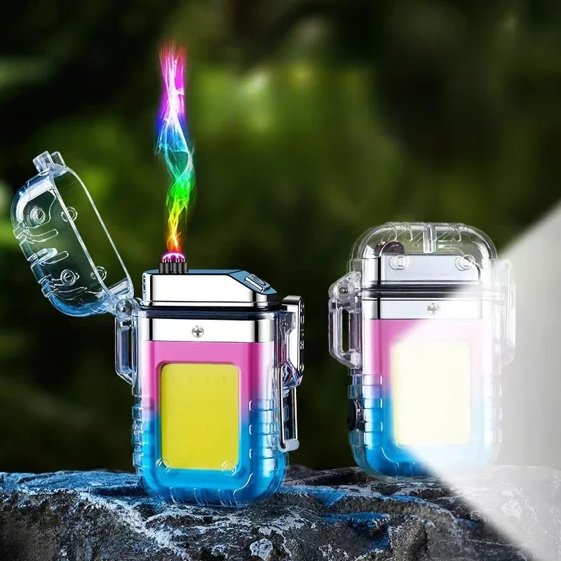 New Outdoor Camping Transparent Waterproof Dual Arc Lighter Creative Type-C Rechargeable USB Lighter With Light Portable Lighter