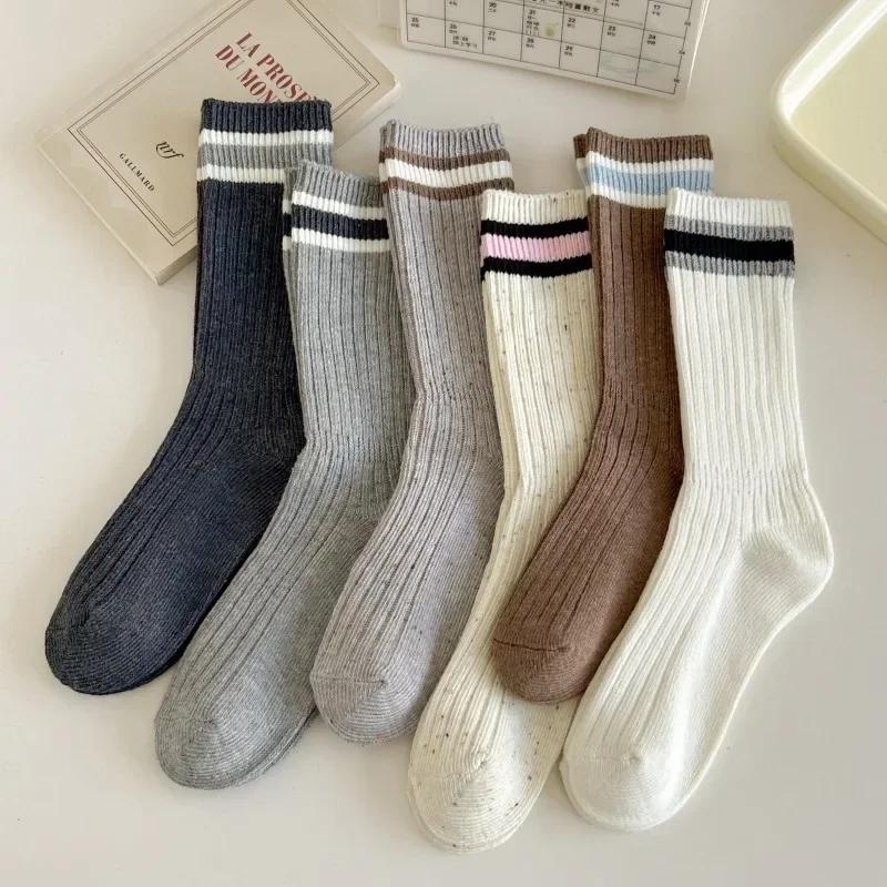 Chaussettes longues rayées en coton rétro pour femmes, chaussettes Harajuku Crew, mode japonaise, automne, hiver, nouveau, élastique