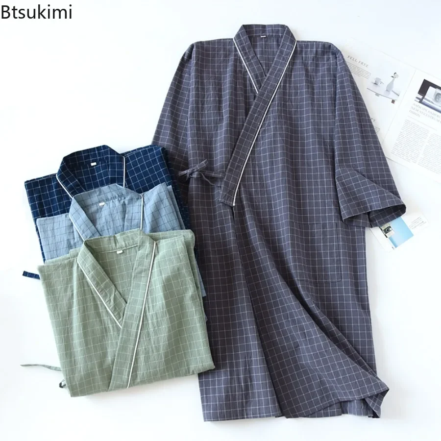 

2025 Japanese Kimono Pajama Robe for Men 100% Cotton Plaid Nightgown Lace Up Long Robes Men Bathrobe Robe Home Service Sleepwear