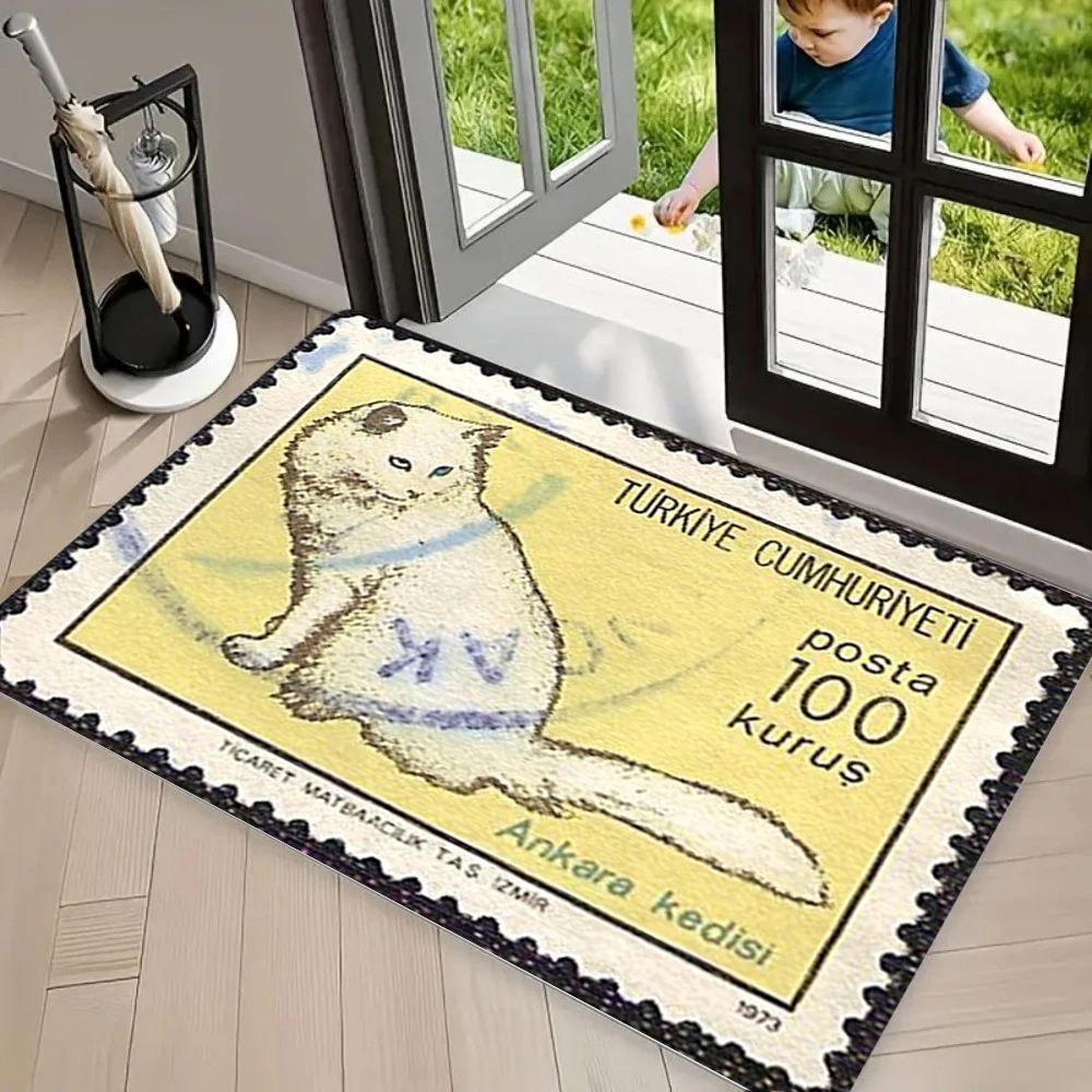Teppich im Vintage-Stempelstil, türkischer Angora-Katzenteppich, weiche Bodenmatte für Heimdekoration, Zuhause, Küche, Matte, Fußmatte, Willkommensmatte