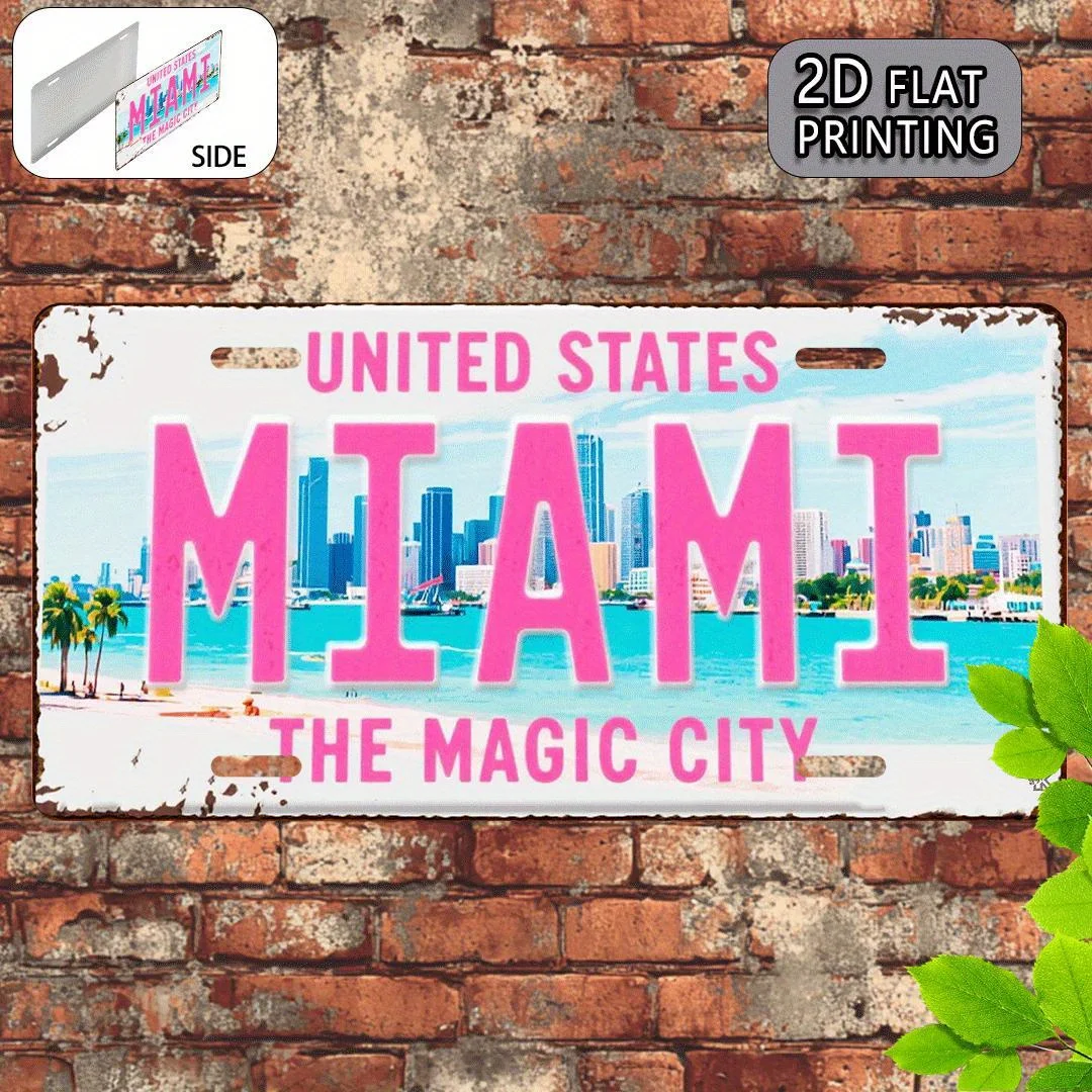2D Flat Printing, 1pc, Miami Vintage Metal Aluminum Sign License Plate, Decorative Sign (15x30cm), Only for Decoration, Travel