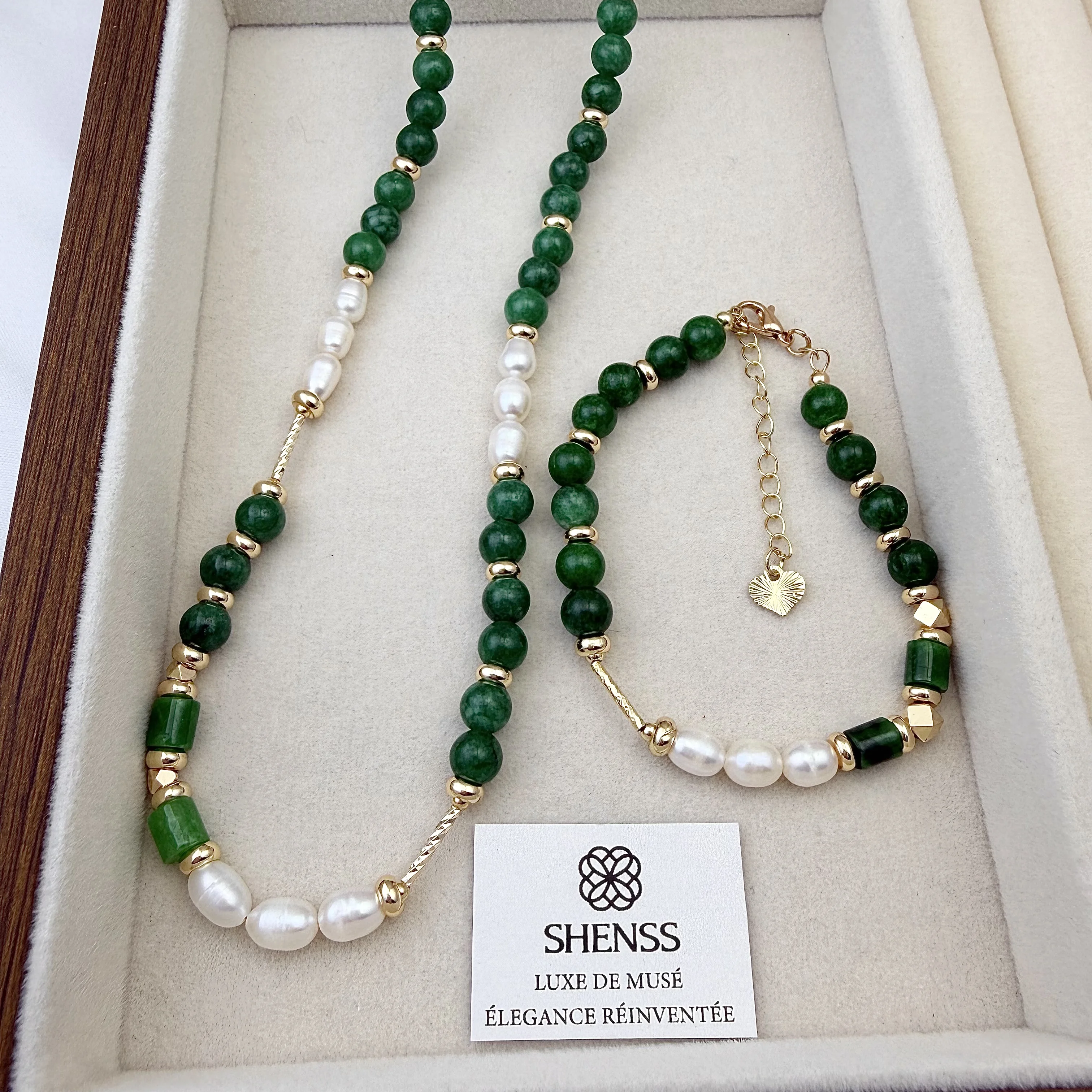

Natural Dry Green Jadeite Pearl Jewelry Set | Dainty Layered Necklace & Bracelet | Elegant Luxury Versatile Gift for Her