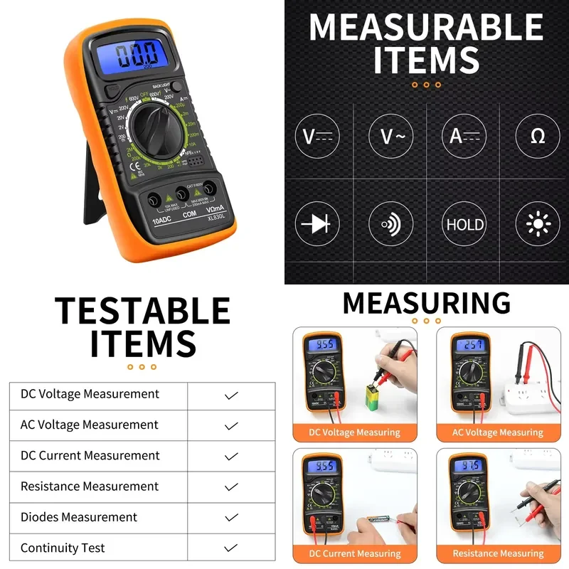 Counts 2000 Smart Digital Multimeter for Measuring DC AC Voltage Current Resistance Diodes Continuity with Backlight LCD