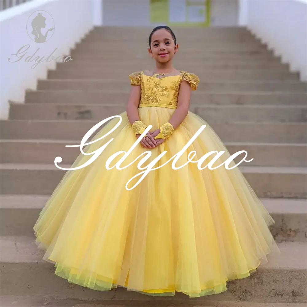 Elegant Short Sleeve Applique A Line Bow Flower Girl Dress Floor Length Backless Luxury Formal First Communion Dress Customized