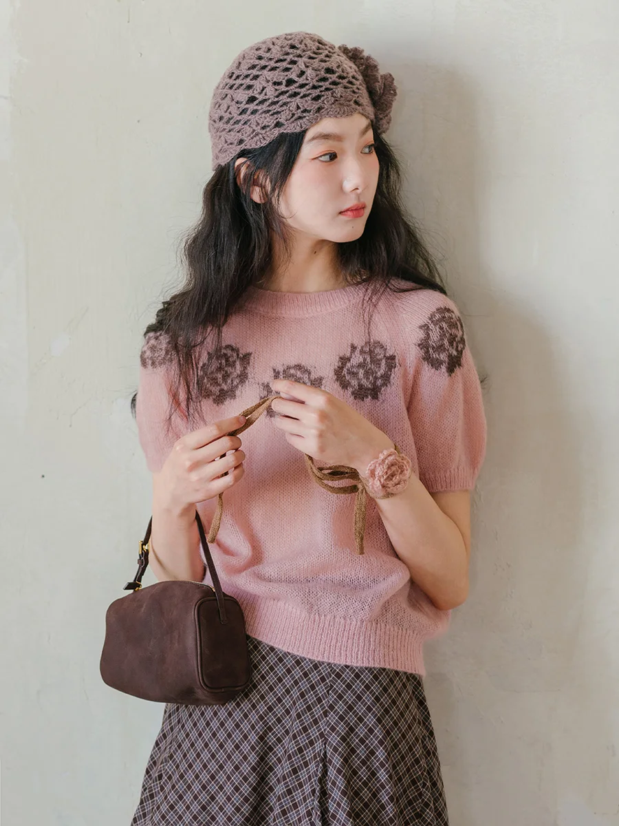 

Bluwhite Wild Rose Flower Knitted Vest Svel Long Sve ort Sve Women's Loose Fit Pullover Knitted Top e Pink