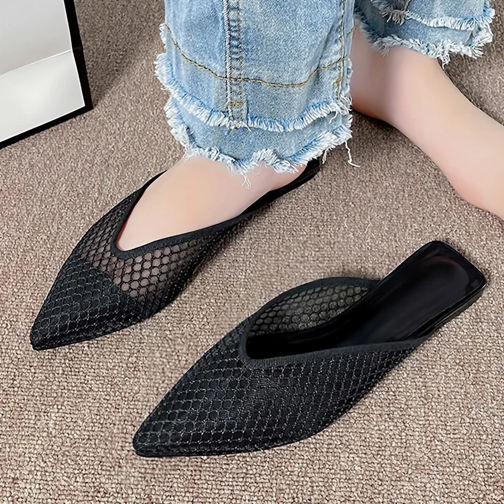Fashion Ladies Backless Slippers Mules Women Pointed Toe Mules Mesh Mules Slides Women Slip on Mules Flat Mules Sandals