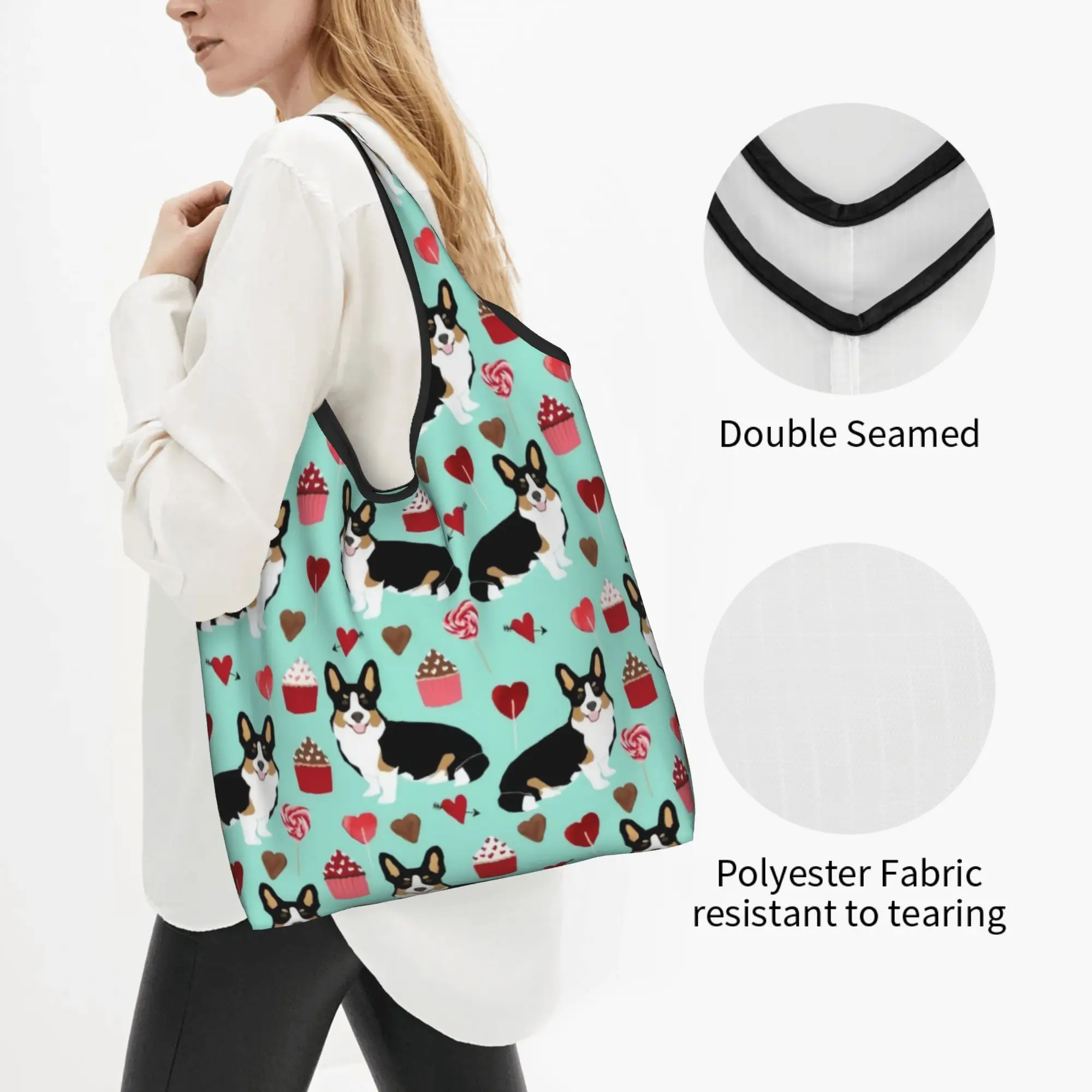 Fashion Printed Welsh Corgi Dog  Tote Shopping Bags Portable Shoulder Shopper  Handbag